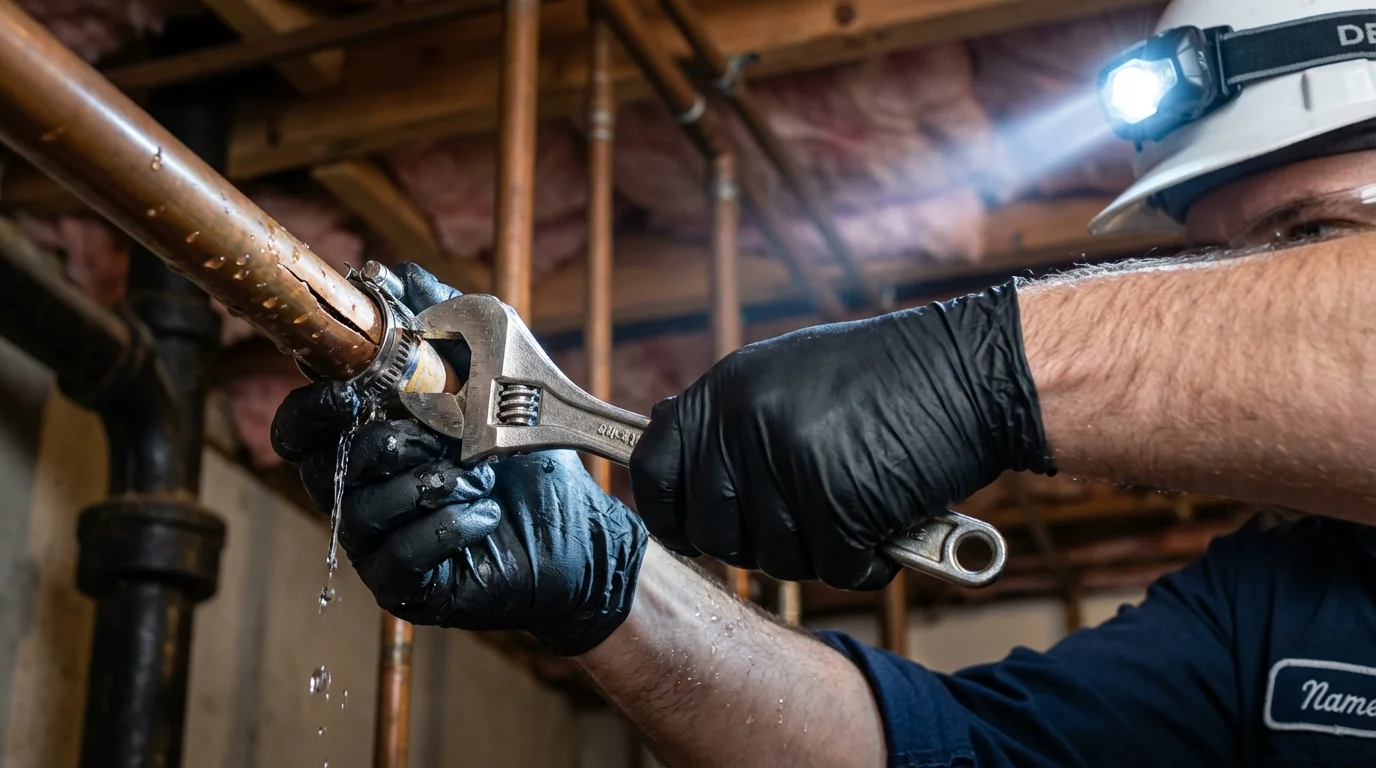 Emergency pipe clamp repair being performed by a Johns Plumbing LLC plumber in Parkston