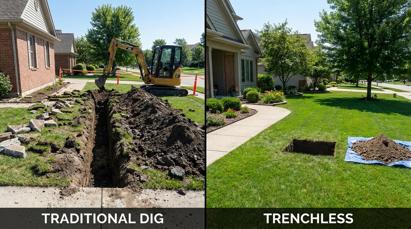 Trenchless sewer repair with minimal yard damage versus traditional excavation in Parkston, SD