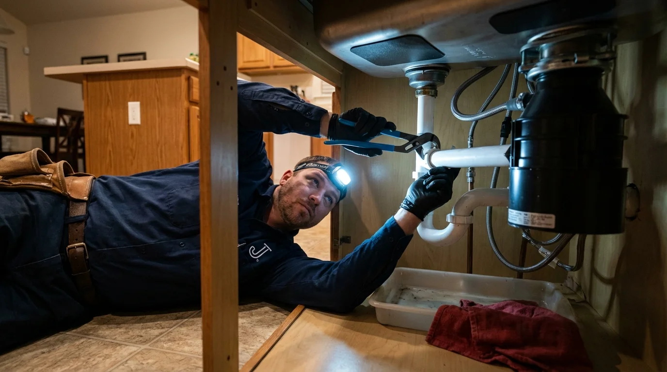P-trap and supply line connections under a kitchen sink showing a common leak point in Parkston, SD